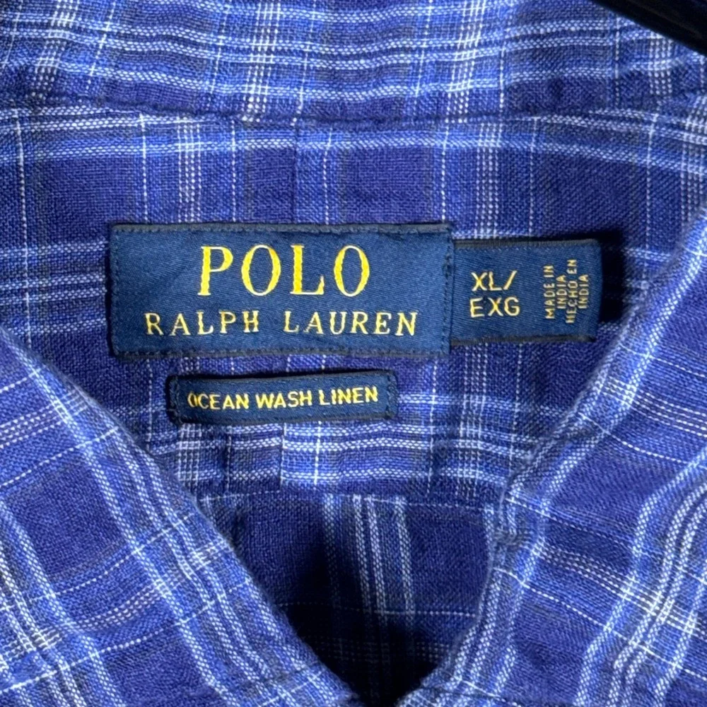 Polo Ralph Lauren Shirt Mens XL Blue Plaid Ocean Wash 100% Linen Long Sleeve